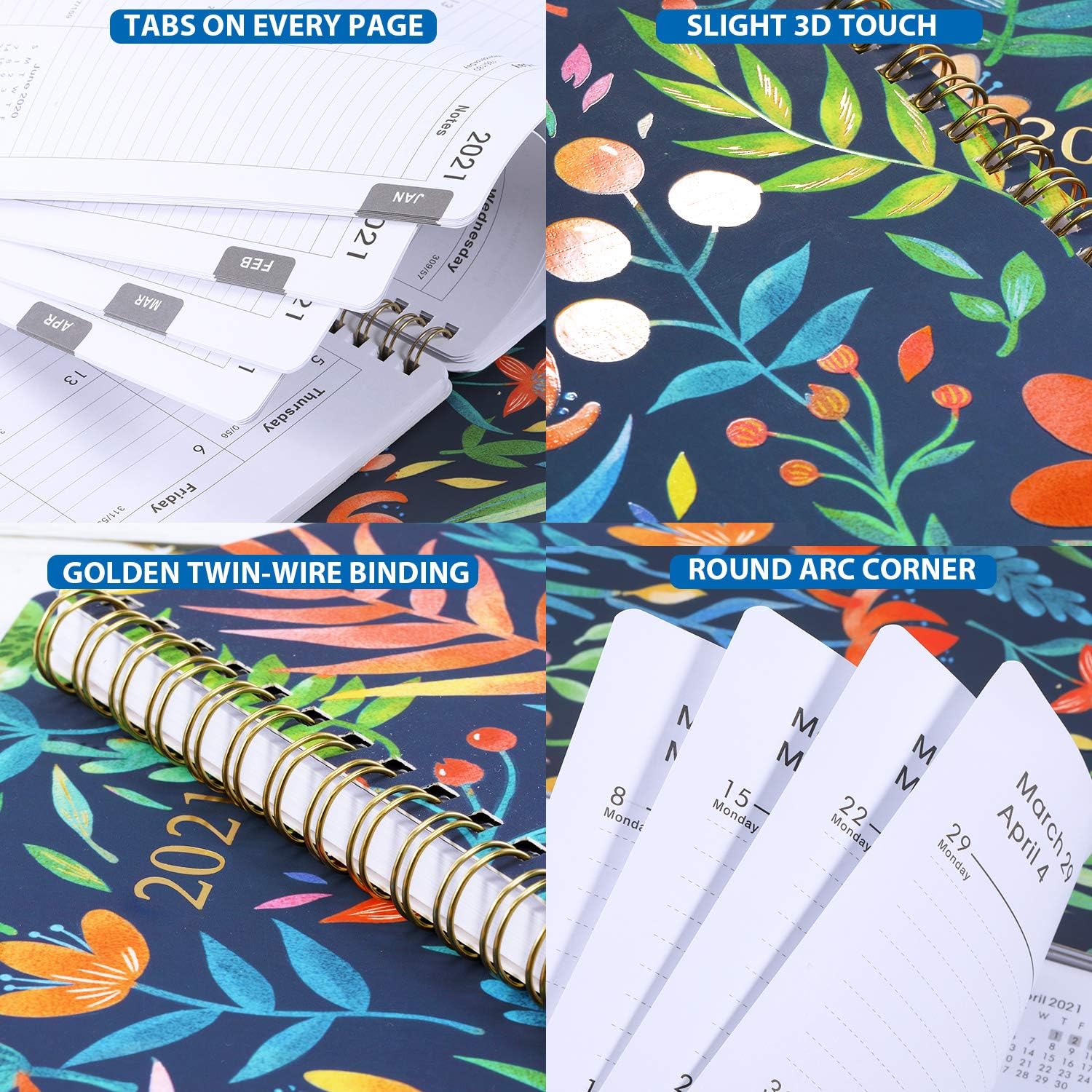 2021 Planner - Weekly & Monthly Planner with Marked Tabs, 8" x 10", Jan. - Dec. 2021, Contacts + Calendar + Holidays, Twin-Wire Binding with Thick Paper - Navy Floral : Office Products