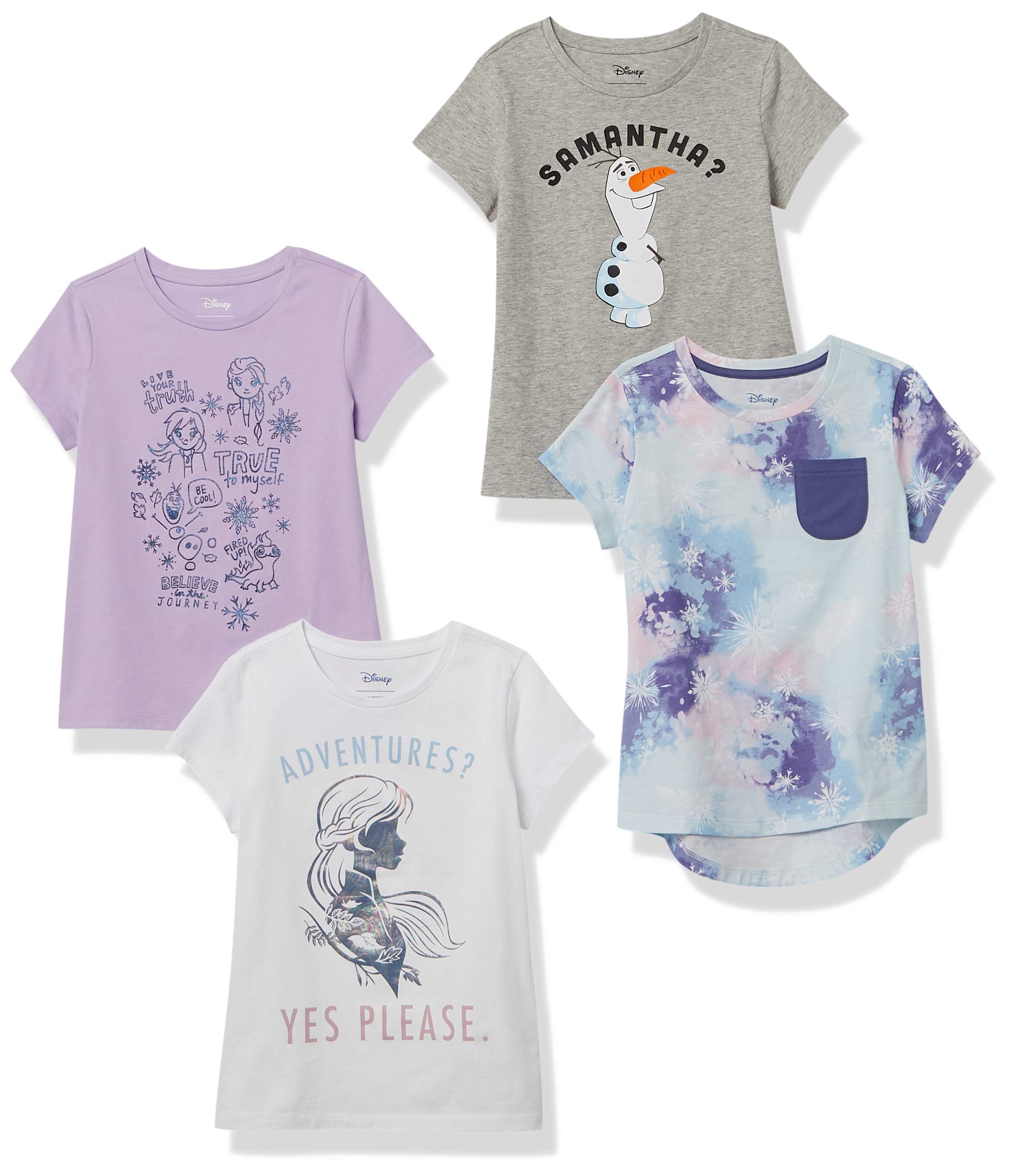 Amazon Essentials Disney | Marvel | Star Wars | Frozen | Princess Girls' Short-Sleeve T-Shirts, Pack of 4, Frozen/Tie Dye, XX-Large Image