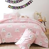 Smoofy Pink Ghost Halloween Comforter Set, Fleece Queen Halloween Bedding | Cute Spooky Halloween Room Decor, Fluffy 3 Pieces Queen Size Bedding Set (1 Comforter, 2 Pillowcases)