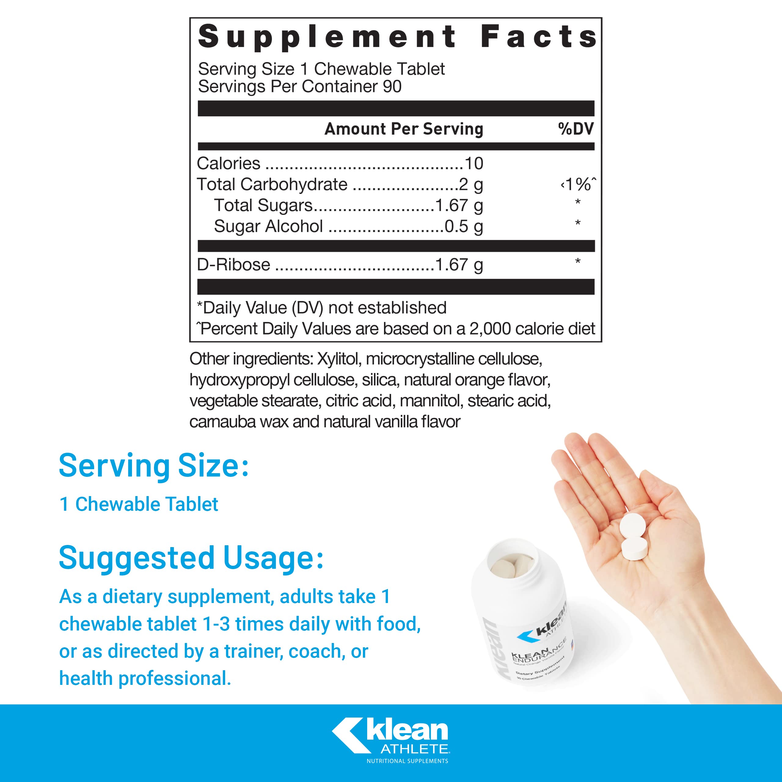 Klean Athlete Klean Endurance | D-Ribose to Restore Energy, Support Cardiac Function and Reduce Muscle Fatigue | NSF Certified for Sport | 90 Chewable Tablets | Natural Orange Vanilla Flavor