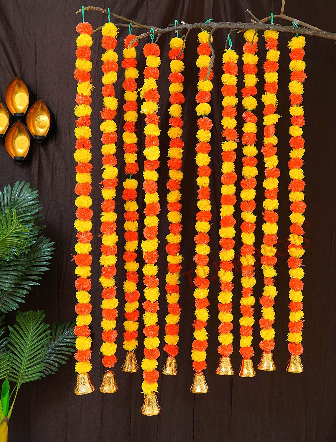 TIED RIBBONS 4 Feet Door Toran Bandhanwar | Yellow, Orange | Set of 10 | Artificial Marigold Flowers Garland with Golden Bells for Pongal Decorations, Diwali, Wall Hanging Decor