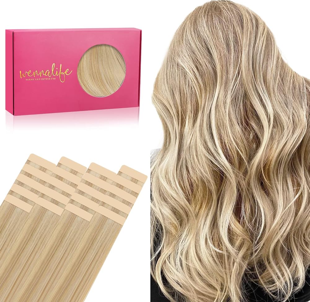 WENNALIFE Tape in Hair Extensions Human Hair, 20pcs 50g 18 inch Light Blonde Highlighted Golden Blonde Remy Hair Extensions S