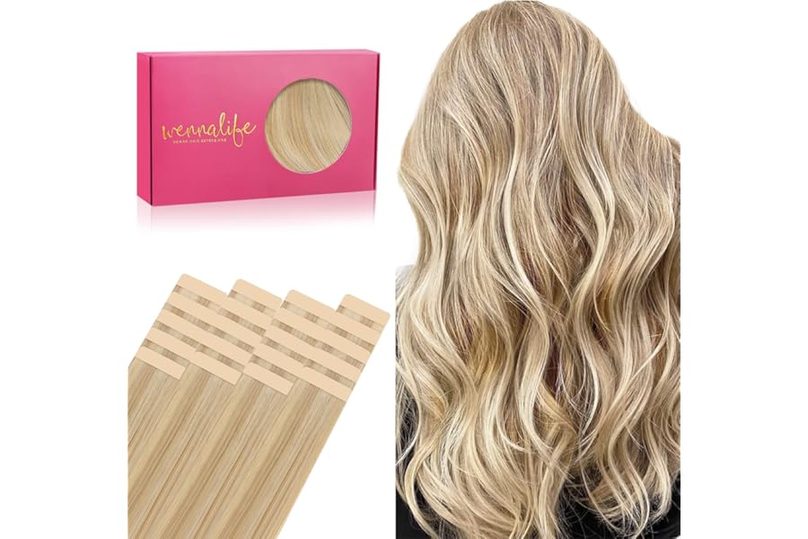 WENNALIFE Tape in Hair Extensions Human Hair, 20pcs 50g 18 inch Light Blonde Highlighted Golden Blonde Remy Hair Extensions Straight Human Hair Tape in Extensions Skin Weft