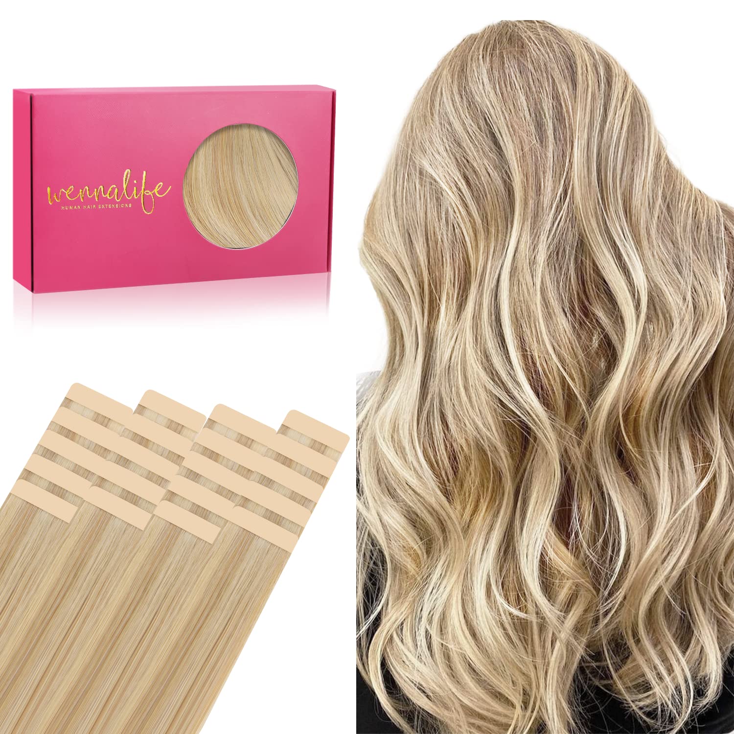 Photo 1 of WENNALIFE Tape in Hair Extensions Human Hair, 20pcs 50g 18 inch Light Blonde Highlighted Golden Blonde Remy Hair Extensions Straight Human Hair Tape in Extensions Skin Weft