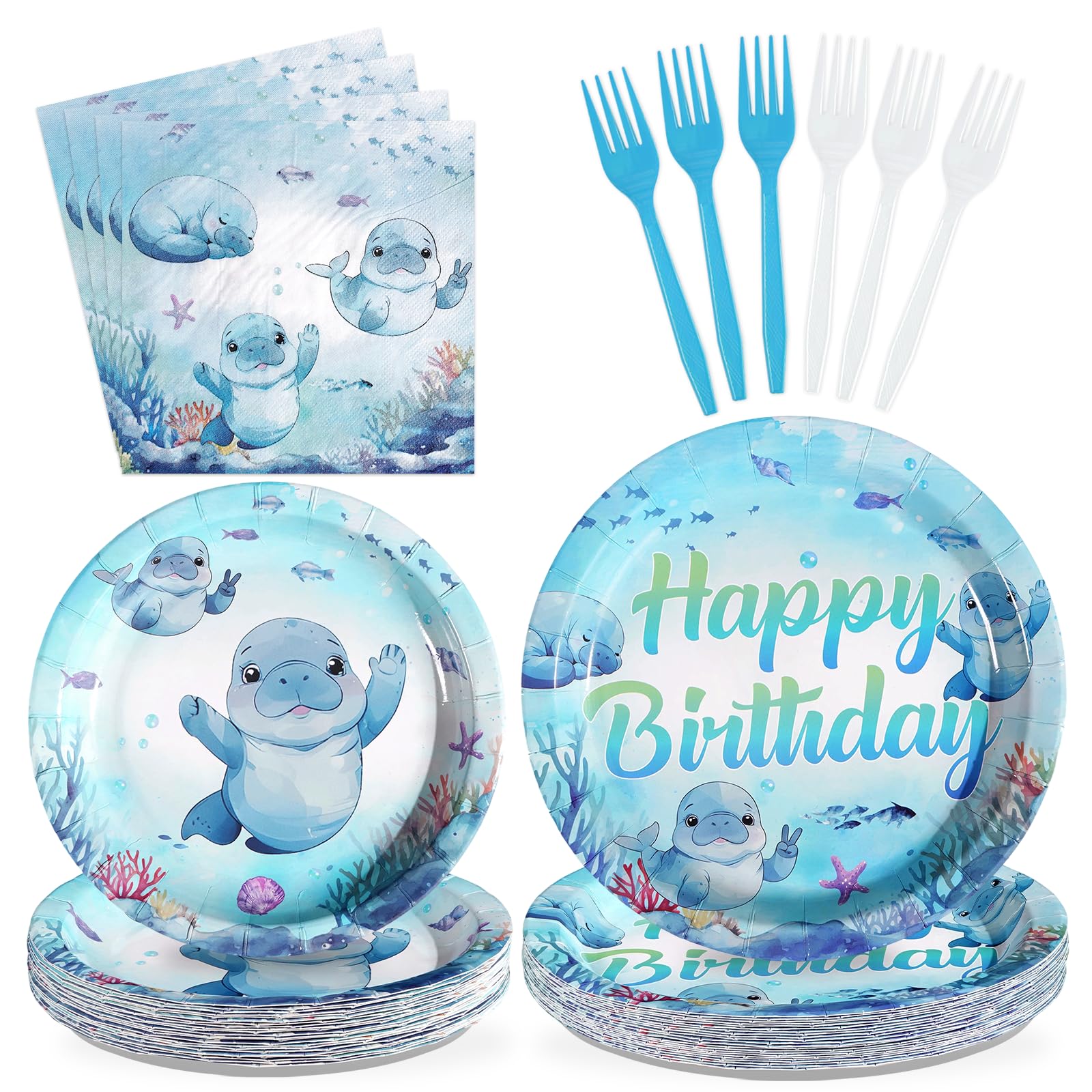 96Pcs Manatee Birthday Decorations Blue Under the Sea Plates and Napkins Ocean Animal Theme Decorations Favors for Kids Sea Ocean Marine Creature Birthday Baby Shower Party Supplies Serves 24
