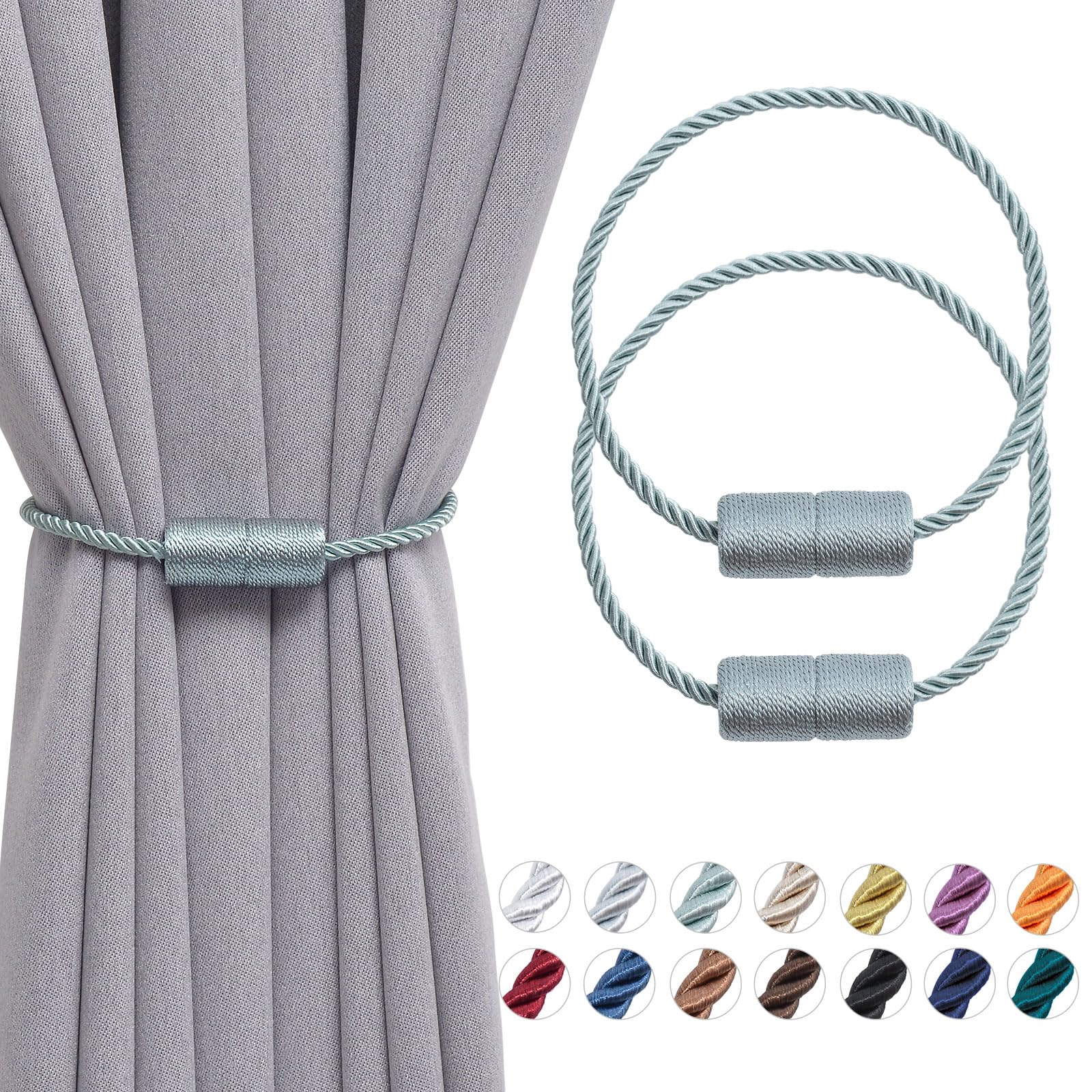 Pretty Jolly 2 Pack Magnetic Curtain Tiebacks 16 Inch Handmade Weave Side Rope Curtain Holdbacks Convenient Decorative Cylinder Curtain Drape Tie Backs for Home & Office Window Drapery (Blue-grey)