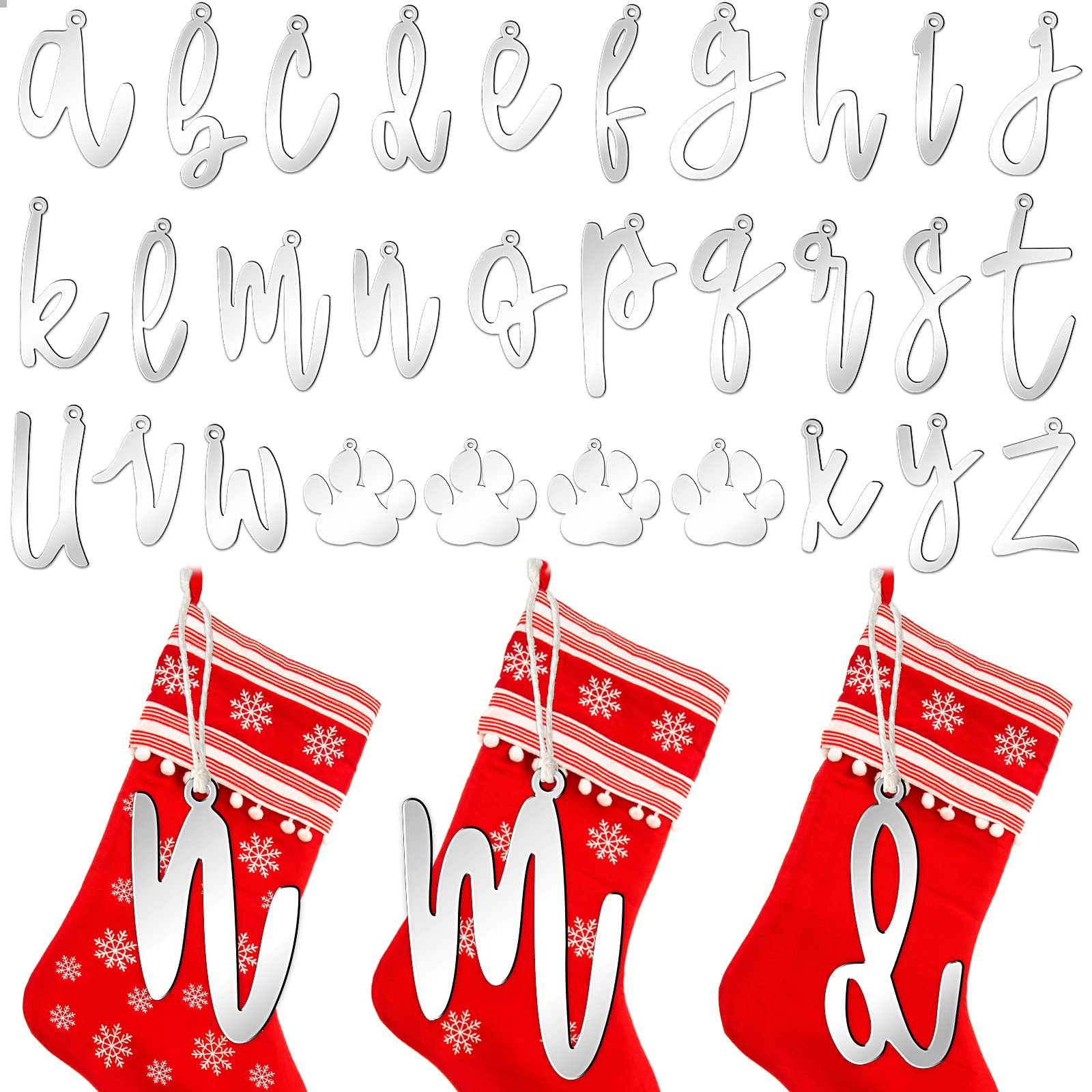 Photo 1 of 26 Piece Christmas Stocking Tags - Acrylic Letter Initial Gift Tags with 4 Acrylic Paw Ornaments for DIY Crafts & Tree Decorations (Silver)