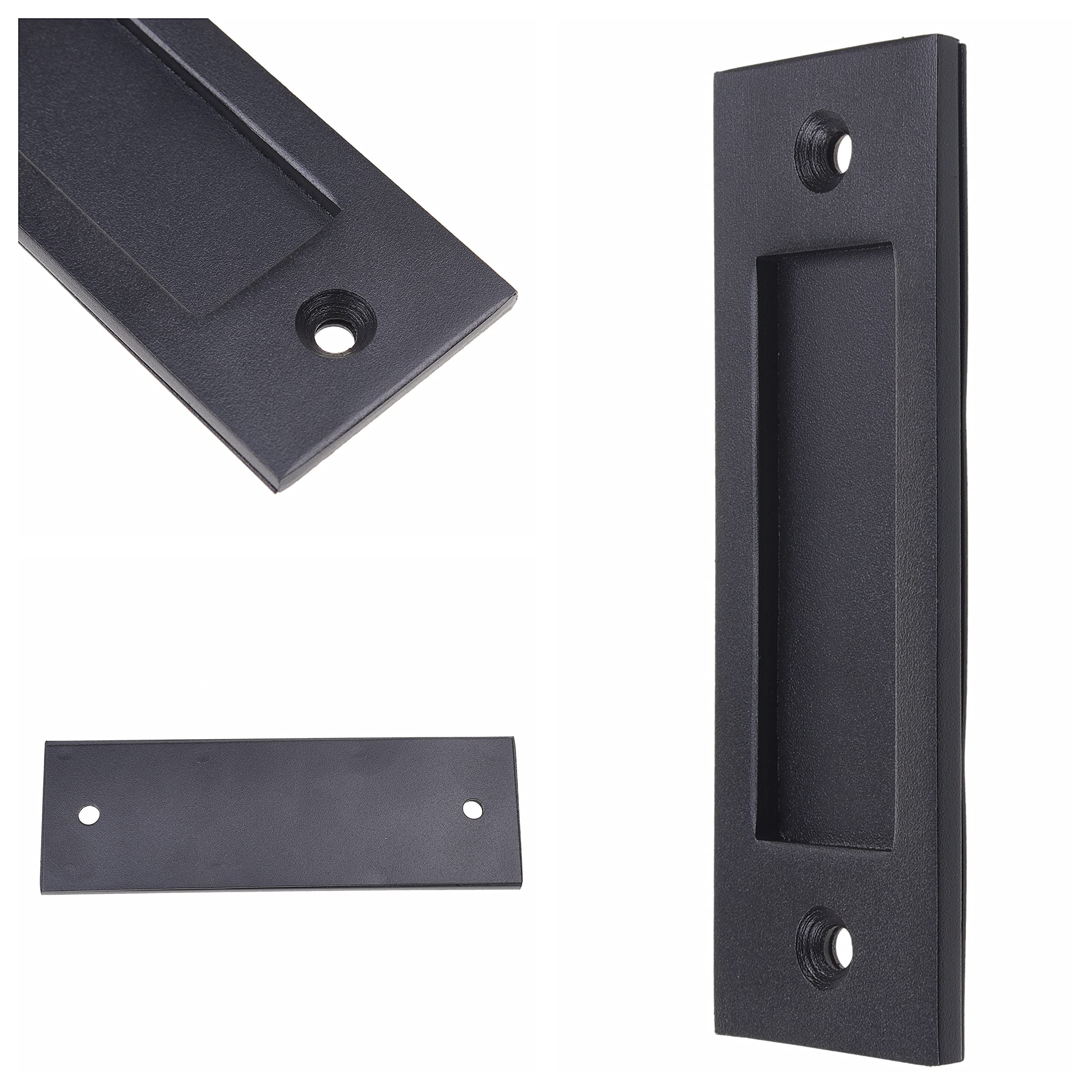 ECO-FUSED 1x Sliding Barn Door Finger Pull (Black) with Self Tapping Screws - 6-Inch Solid Steel Flat Bottom Handle - Easy to Install - Ideal for Sliding Doors, Closets, Sheds, Garages