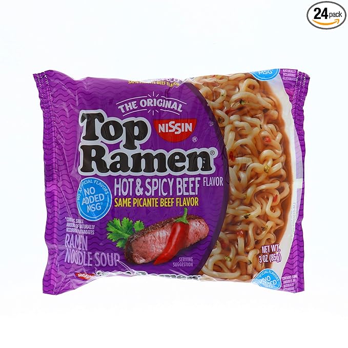 Nissin Top Ramen Hot And Spicy Beef Flavor Same Picante Beef Flavor 3 Oz Each 24 In A Pack