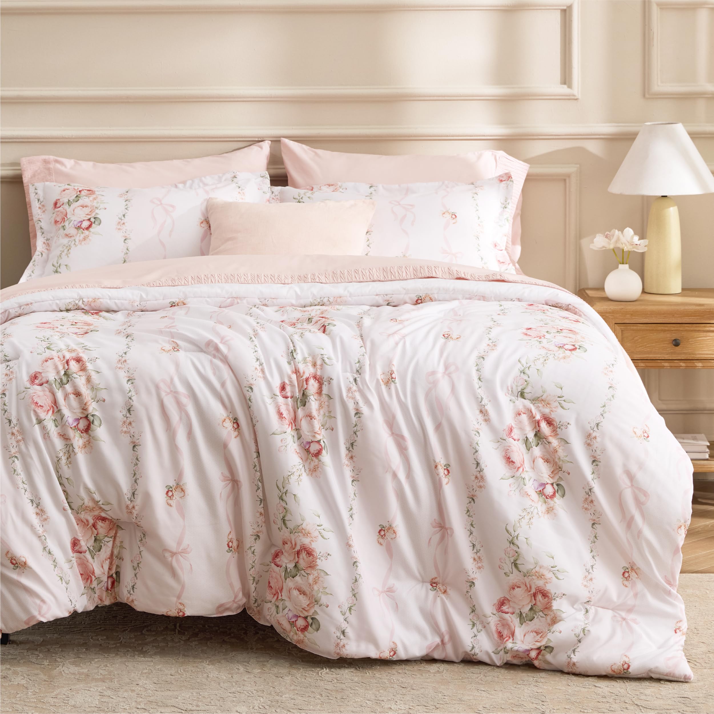 Bedsure Comforter Set Queen Size - Cute Floral Bedding Comforter Set, 3 Pieces, 1 Soft Reversible Pink Dogwood Garden Flowers Comforter and 2 Pillow Shams Image