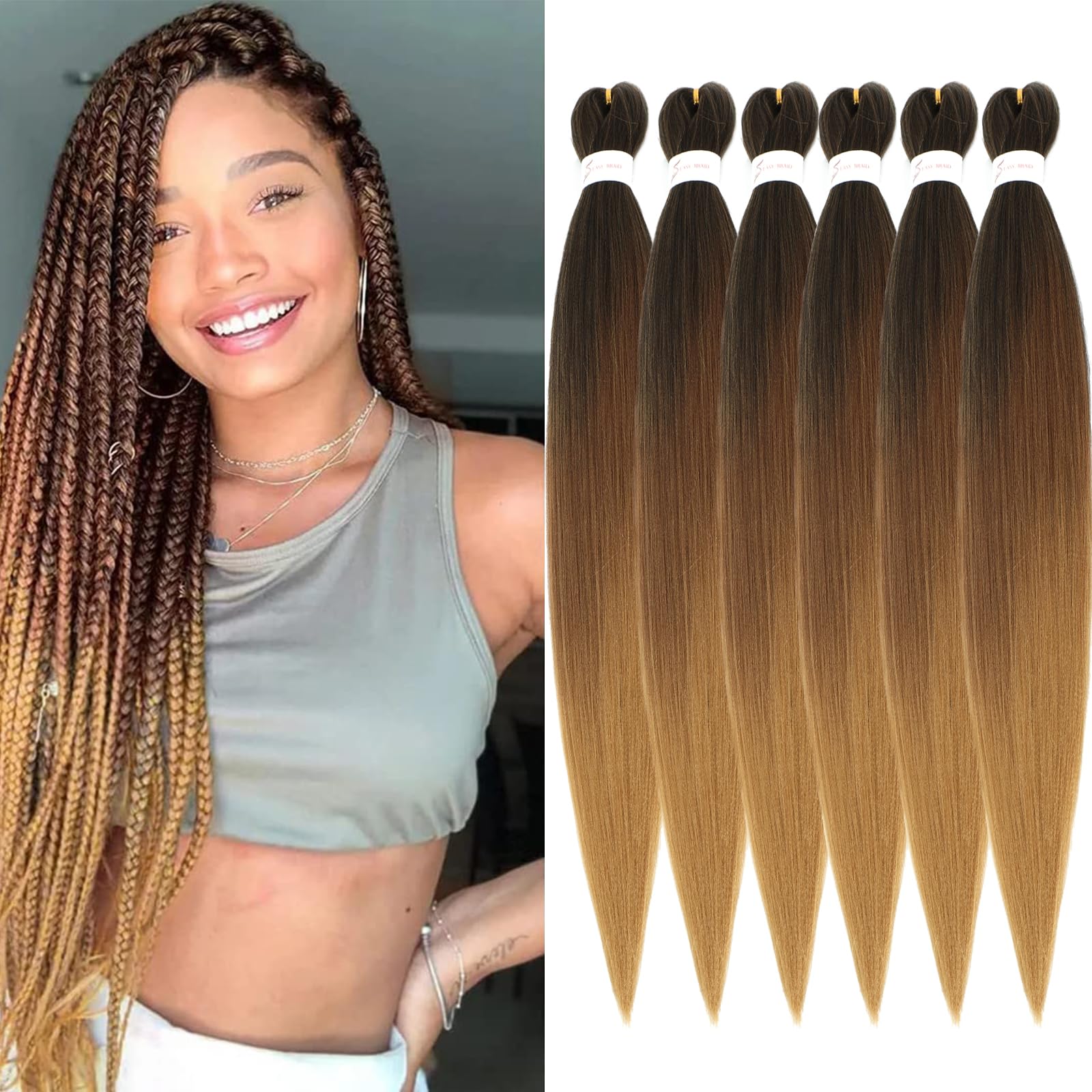 Pre Stretched Braiding Hair Extensions 30 Inch 6 Packs Ombre Brown Professional Synthetic Fiber Itch Free Crochet EZ Braids Yaki Texture Braiding Hair Extensions(30 inch,1B/30/27)