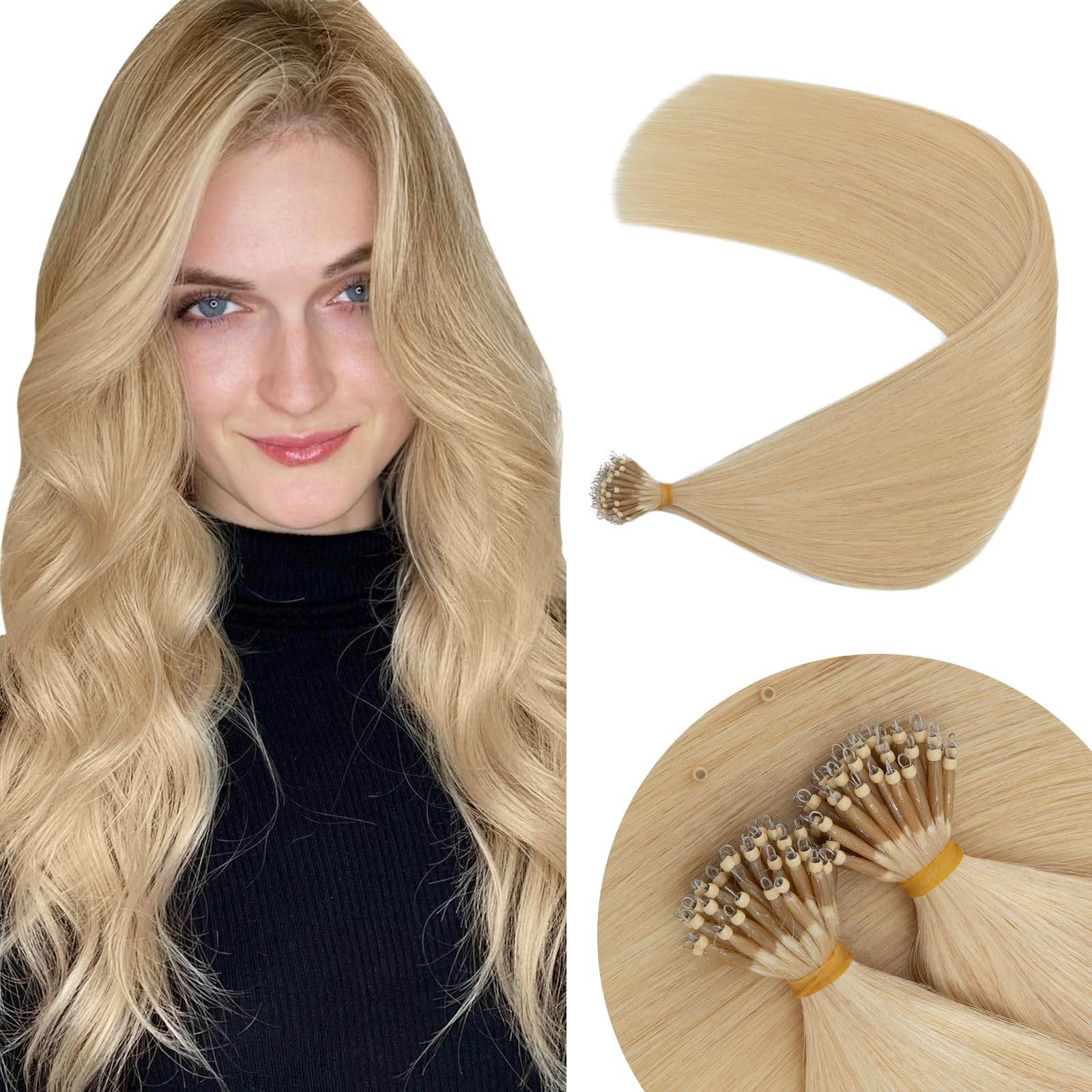 Elailite Nano Hair Extensions Real Human Hair 50 Strands 50g with Nano Ring Beads Cold Fusion Straight (#613 Bleach Blonde, 20 Inch) — image 1