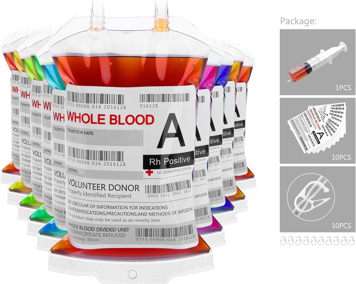 Halloween Party Decorations Blood Bags for Drinks, WYNK 10 Pack IV Bags, 11.5 FL Oz, with Extra Syringe Set of Labels and Clips, Halloween/Vampire/Zombie/Nurse Graduation/Hospital Theme Party Favors: Toys & Games