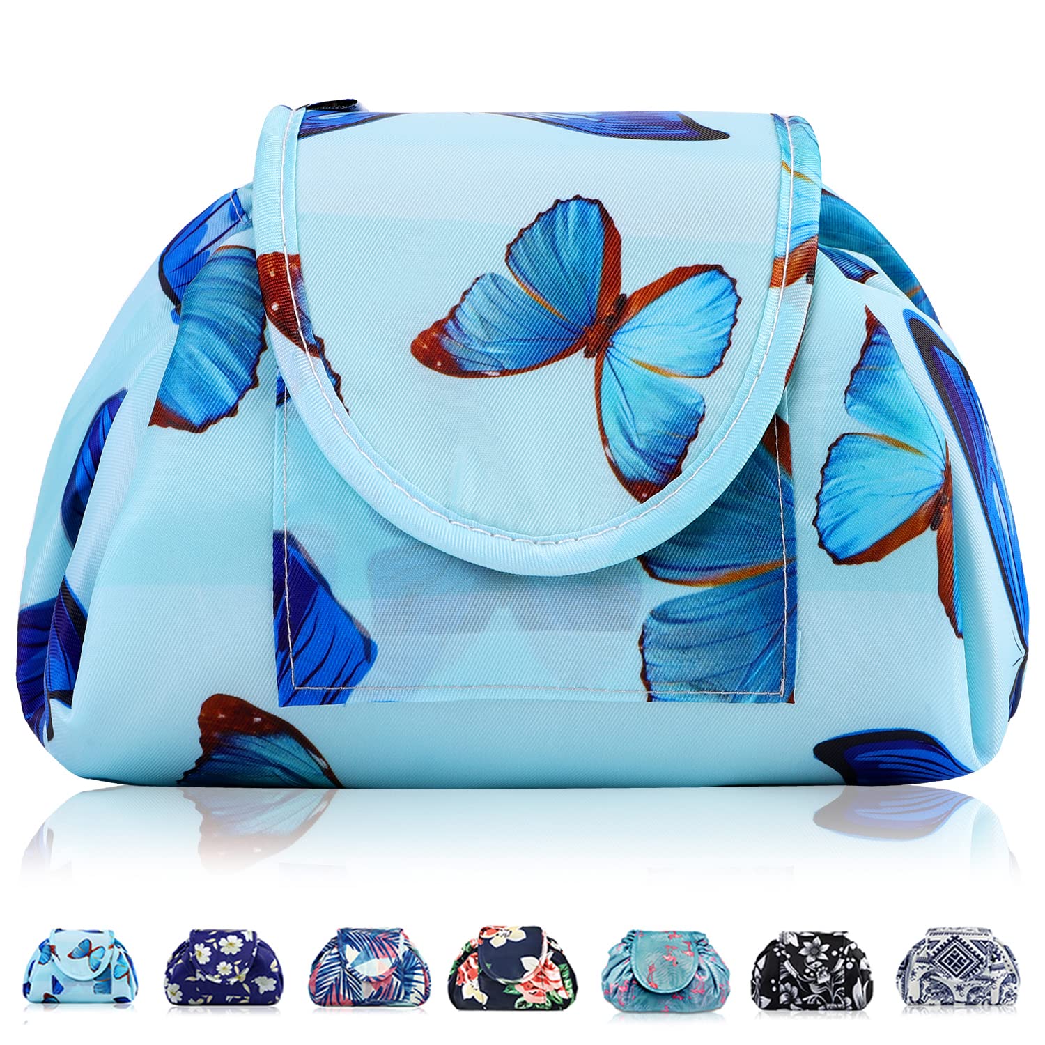 Lazy Drawstring Makeup Bags, Large Capacity Waterproof Travel Portable Cosmetic Bag Pouch Makeup Pouch Storage Organiser for Women Girl (Butterfly)