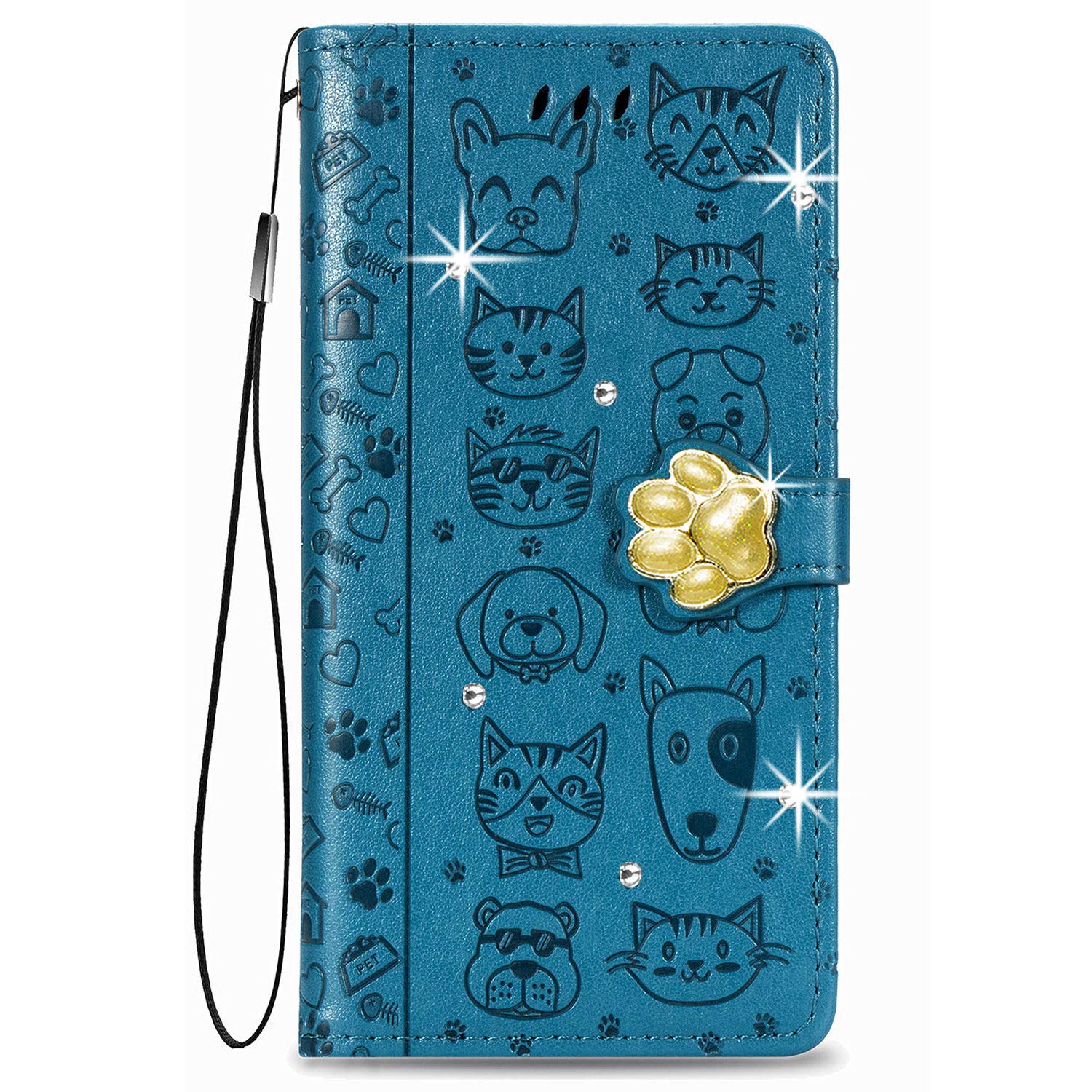 Samsung Galaxy A70 Case Glitter Bling Case for Samsung A70 with Magnetic Stand Card Holder Money Pouch Folio Soft TPU Bumper Protective Leather Flip Shockproof Phone Cover Cat & Dog, Blue