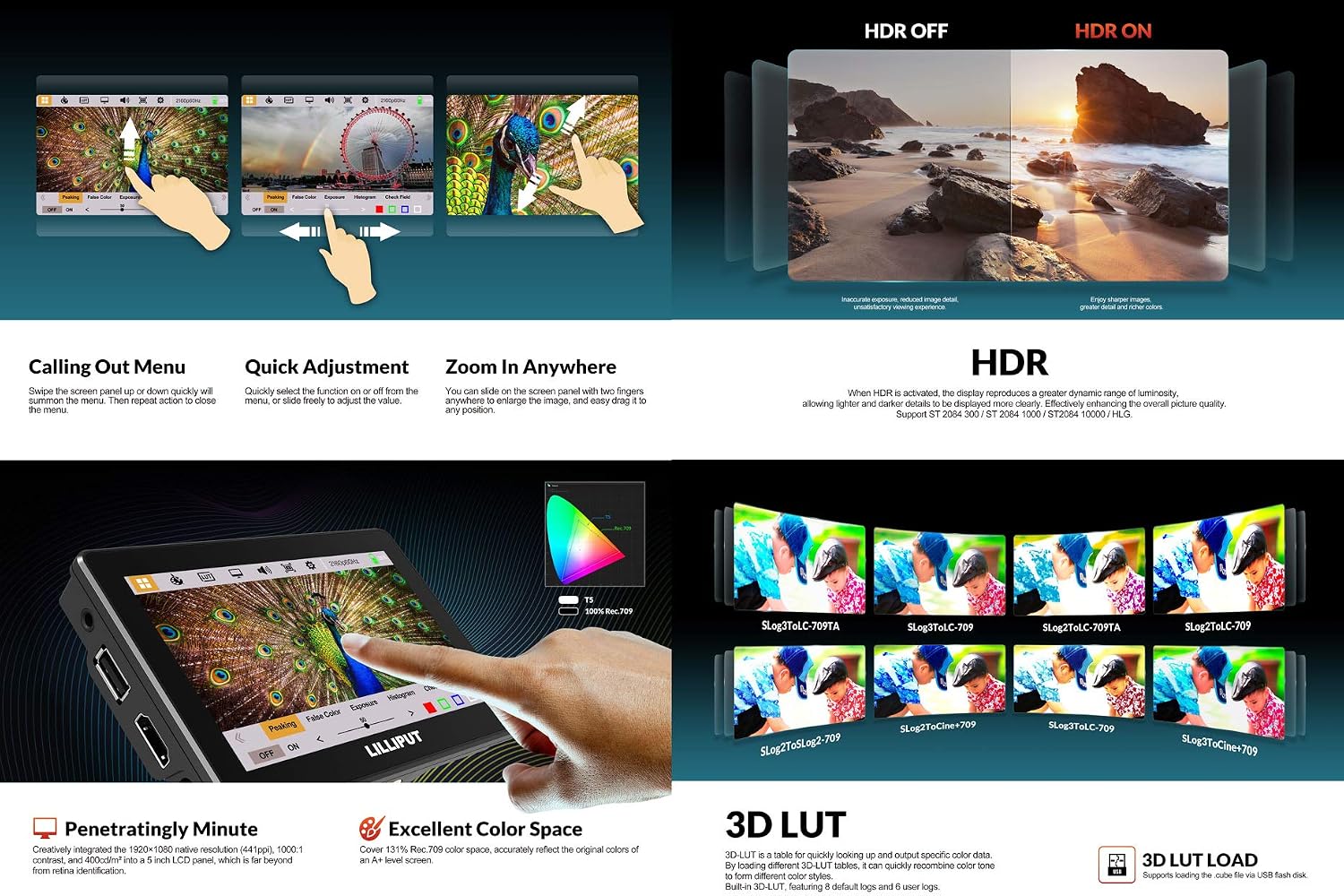 Lilliput 5 inch T5 Touch 1920x1080 4K HDMI 2.0 60P On Camera Field Monitor HDR 3D-LUT Compatible with A7S III BMPCC 4K/6K R5 R6 GH5S Camera ((No battery - Image 4