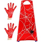 Geyoga Kids Spider Cape Gloves Set for Halloween Costume | Red Web Print with Black Spider, 3 Pcs Cape and Gloves Included, Dress up Party Accessory, Roleplay Outfit