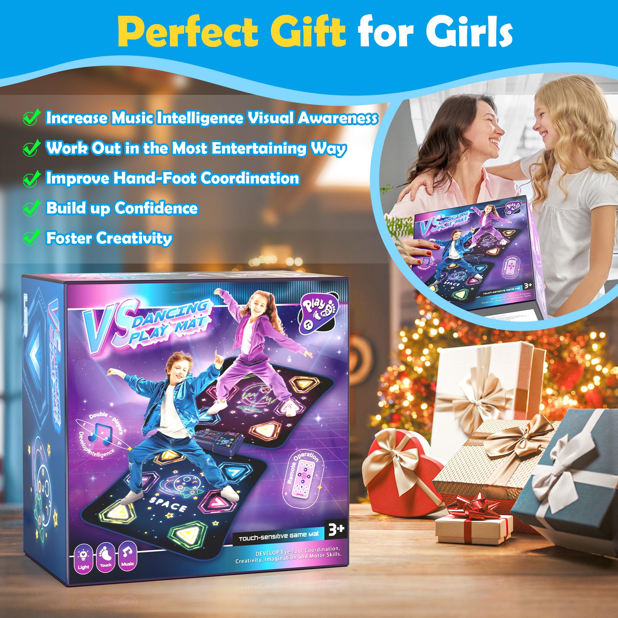 Large Double Electronic Dance Mats, Dance Pad with LED Light & Wireless Bluetooth, Music Dance Toy with 6 Game Modes, Challenge Game for Single & Double Players, Dance Mat Toy for 3-12 Year Old Girls