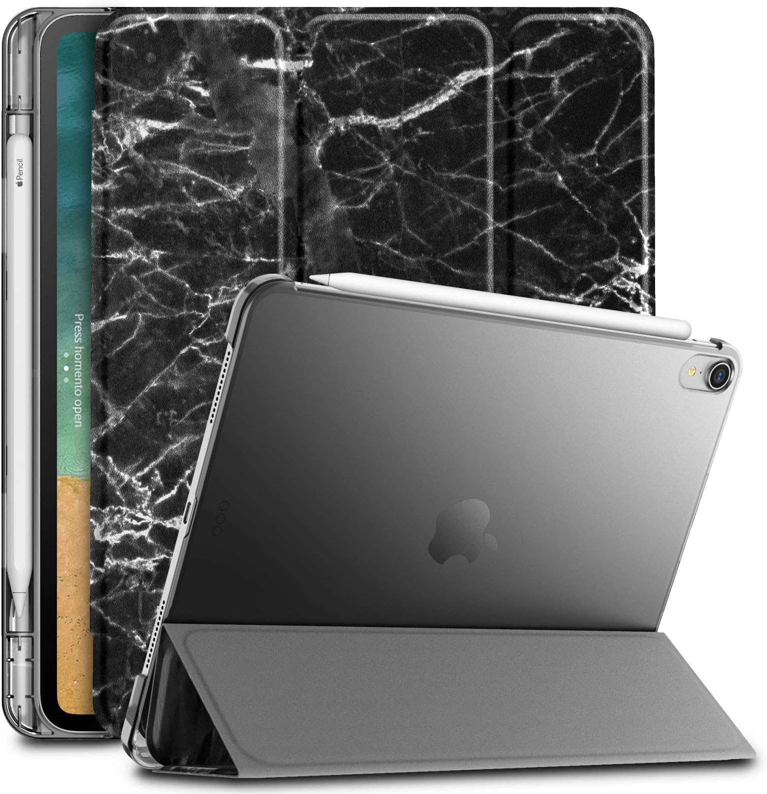 Infiland iPad Pro 11 Case with Apple Pencil Holder,Smart Case Cover Compatible with iPad Pro 11 Inch 2018 Release (Support 2nd Gen Apple Pencil Wireless Charging, Auto Wake/Sleep), Black& Marble