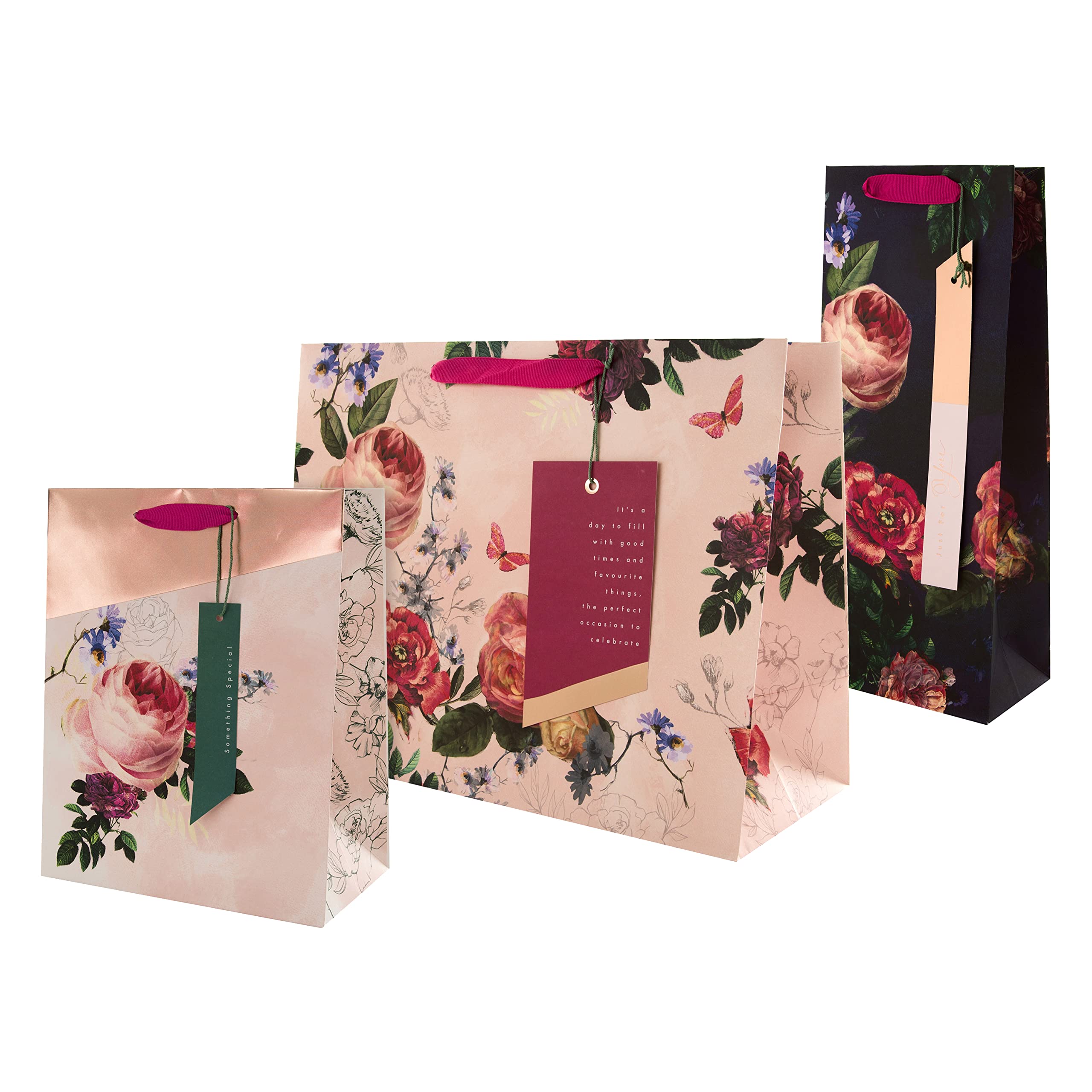 Hallmark Gift Bags, Pack of 3 in Medium, Large and Bottle sizes, 3 Pink Floral Designs, Birthday, Anniversary, Mothers Day