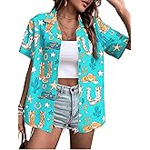 Western Button Down Shirt Women: Cowgirl Short Sleeve Boho Tops Hawaiian Tropical Graphic Tees Summer Vacation Outfit