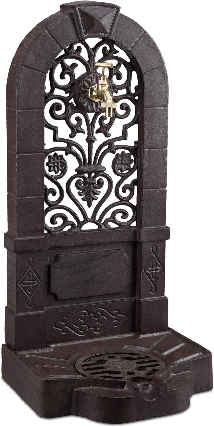 Relaxdays Standbrunnen, Antik-Stil, Nostalgie, Garten, Terrasse, Wasserhahn, Becken, stehend, HBT 74 x 36 x 30 cm, braun