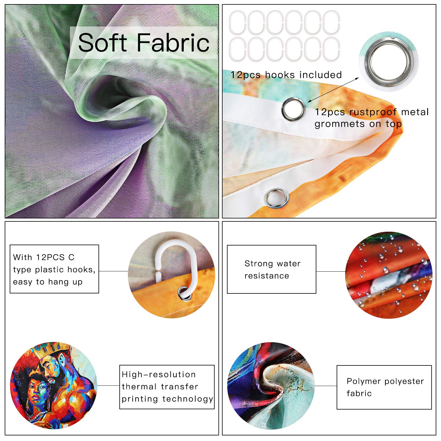 Flymall Shower Curtain Set,Waterproof Washable Polyester Fabric African Couples Painting Shower Curtain Including 12-Pack Shower Hooks for Home Bathroom Decor(71 x 71)