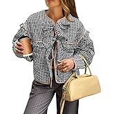 Tankaneo Womens Plaid Quilted Jackets Tie Front Lightweight Cropped Jacket Ruffled Puffer Padded Coat with Pockets