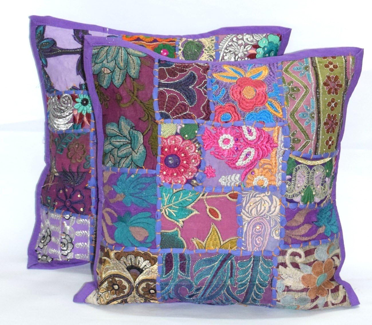 2pc Embroidered Sari Patchwork Cushion Cover 16x16" Indian Ethnic Pillow Covers , Handmade Patchwork Cushion Pillow Sari Patch Throw Pillow Bohemian Pillows