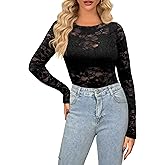 Diosun Womens Lace Floral Tops Long Sleeve Mesh Round Neck Sexy See Through Shirts Floral Blouses Top