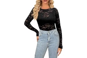 hellobaby Haut en dentelle florale à manches longues et col rond sexy pour femme