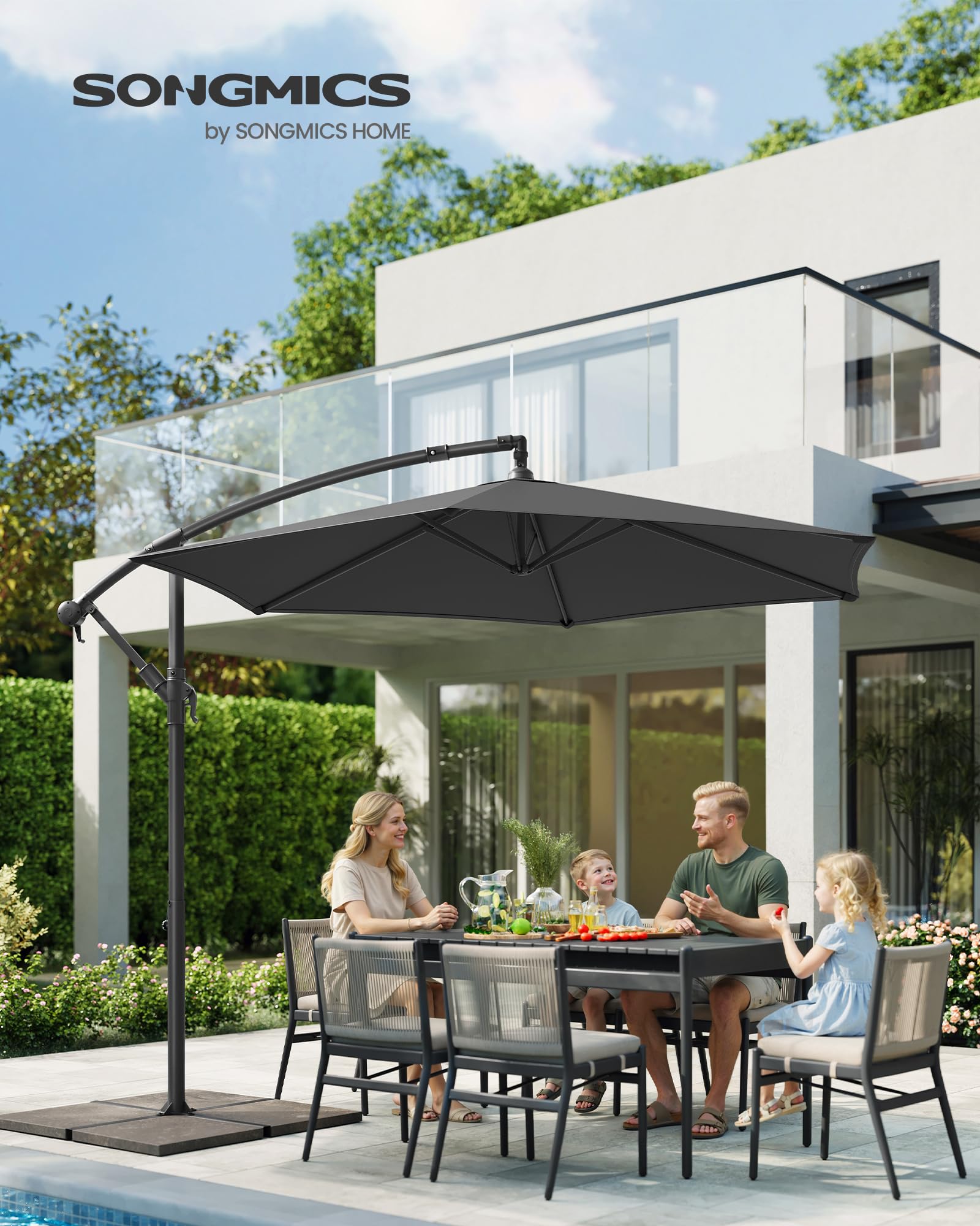 SONGMICS Sonnenschirm, Ampelschirm 300 cm d, mit Ständer, Sonnenschutz Balkon, Balkonschirm, UV-Schutz UPF 50+, mit Kurbel zum Öffnen und Schließen, Terrasse, Garten, grau GPU116G01 2
