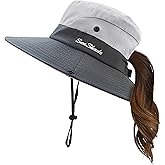 Mukeyo Womens Summer Sun Hat Wide Brim Outdoor UV Protection Hat Foldable Ponytail Bucket Cap for Beach Fishing Hiking