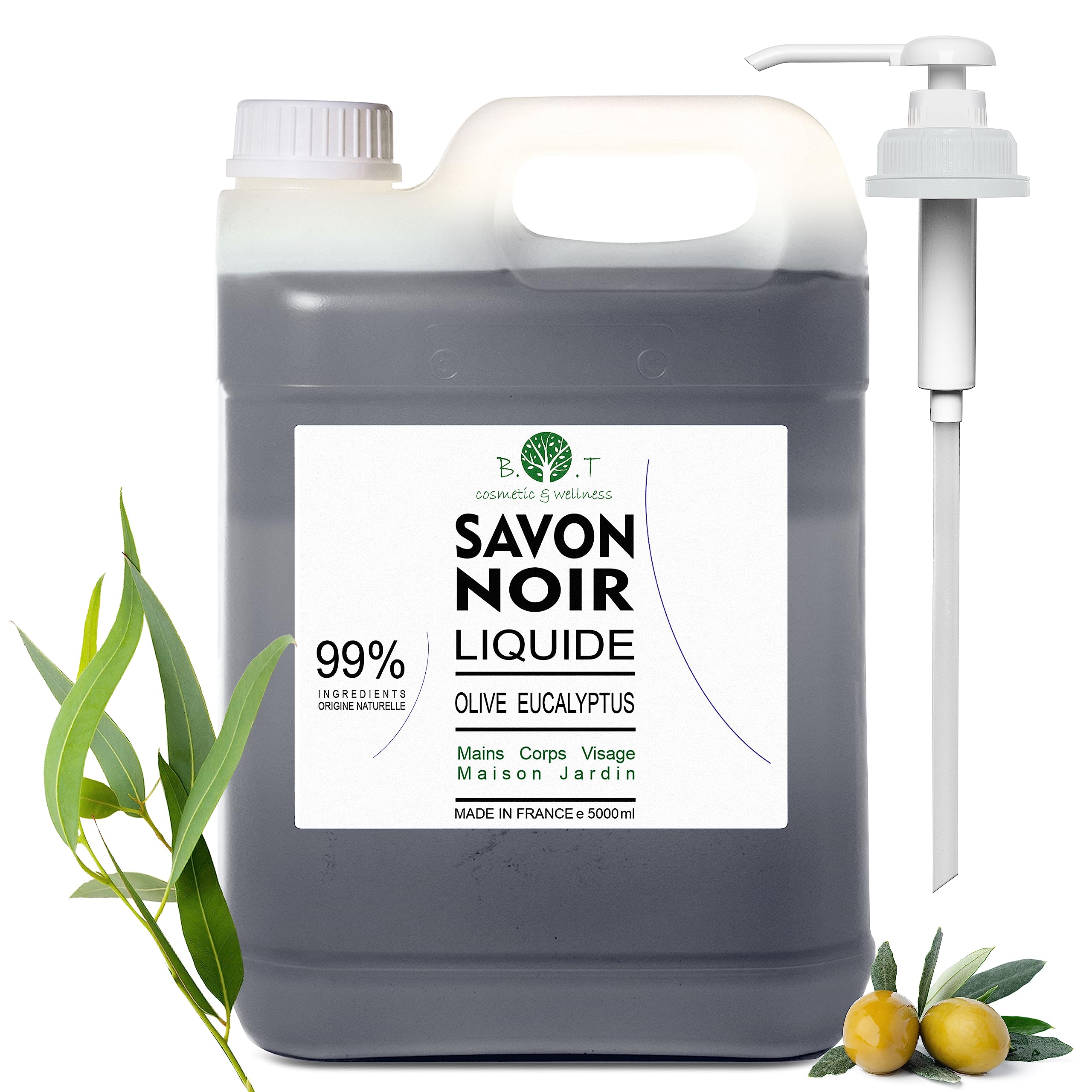 B.O.T Cosmetic & Wellness - Natural Black Soap Liquid | Olive & Eucalyptus Oil | Eco-Friendly Cleaner | Pet Shampoo | Hypoallergenic Soap, 5000 ml 1.09 Gal.