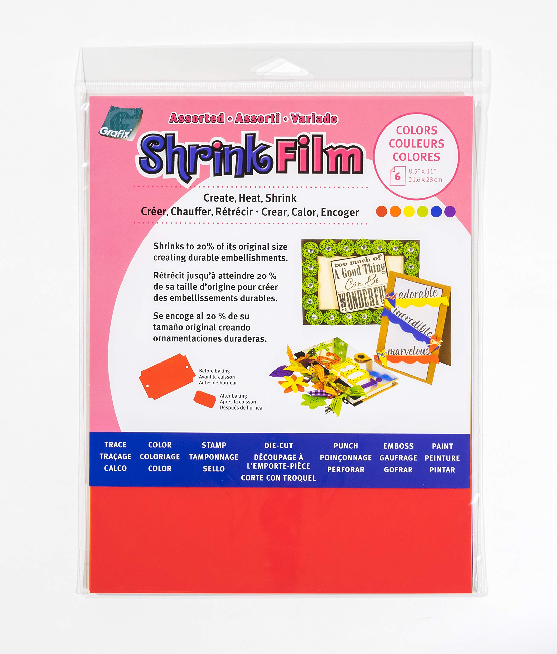 Grafix Film Assorted, 8.5 x 11”, Pack of 6, Opaque Sheets, Design Your Art and Shrink It to Create Jewelry, Embellishments, Paper, 6 Fl Oz