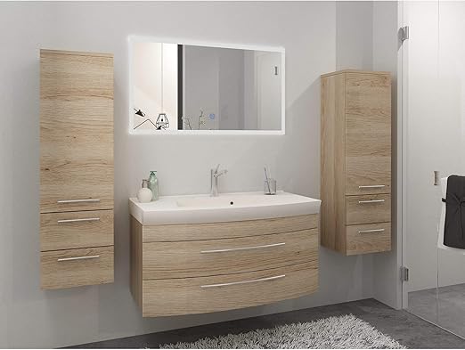 Badmobelset Badezimmer Eiche Hell Mit 2 X Hochschrank Und Led Licht Spiegel Grosser Waschplatz Amazon De Kuche Haushalt