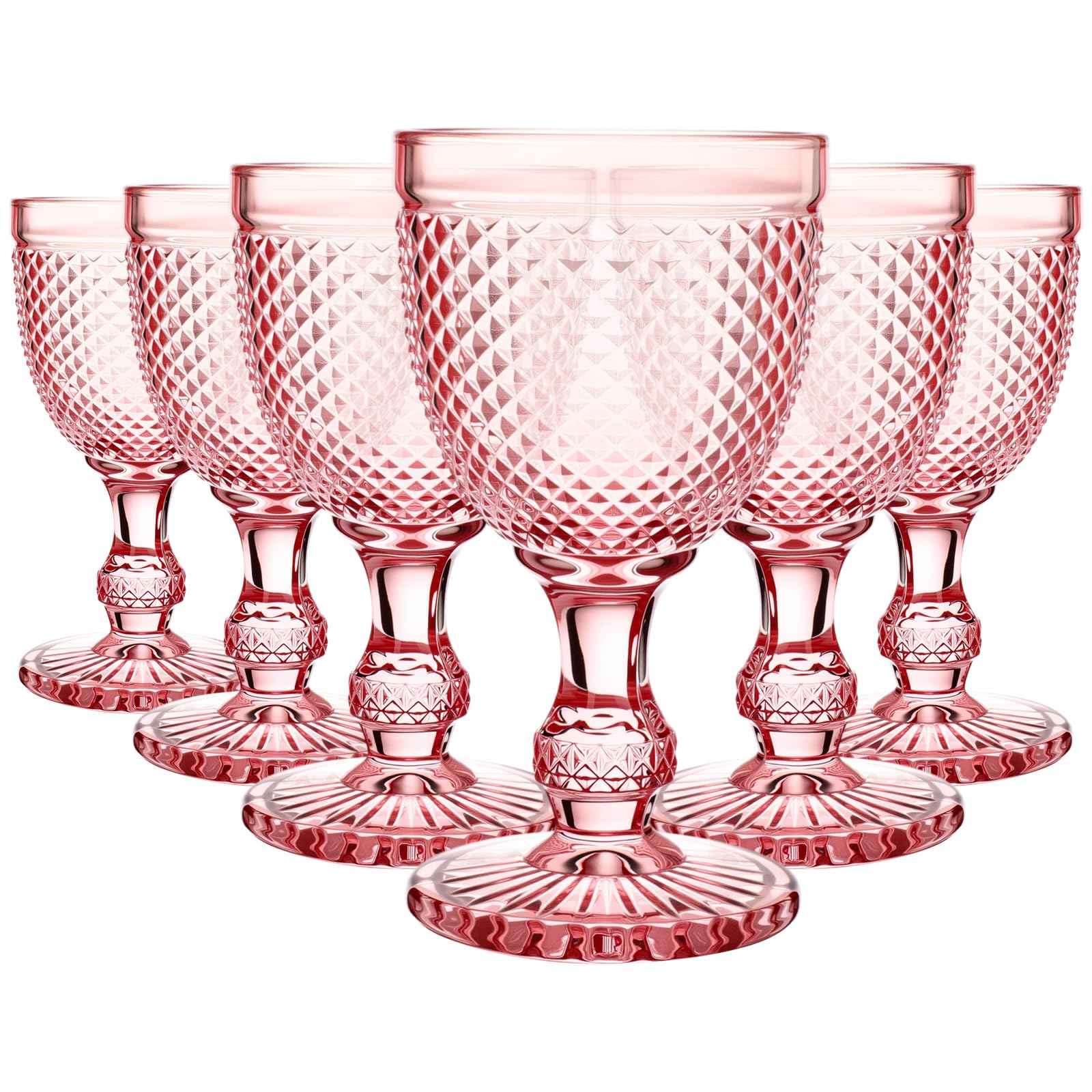 Photo 1 of Bokon 6 Pack Pink Glass Goblets Set 10 oz High Clear Wine Glass Vintage Water Goblets Cups Embossed Diamond Design Glassware with Stem for Drinking Juice Liquor Party Wedding Bar