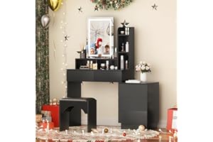 SMOOL Vanity Desk with Lighted Mirror - Makeup Vanity Table with 3 Color Lighting Modes Adjustable Brightness, Makeup Desk with Movable 3-Drawer Chest and Shelves, Vanity Set for Bedroom Studio, Black