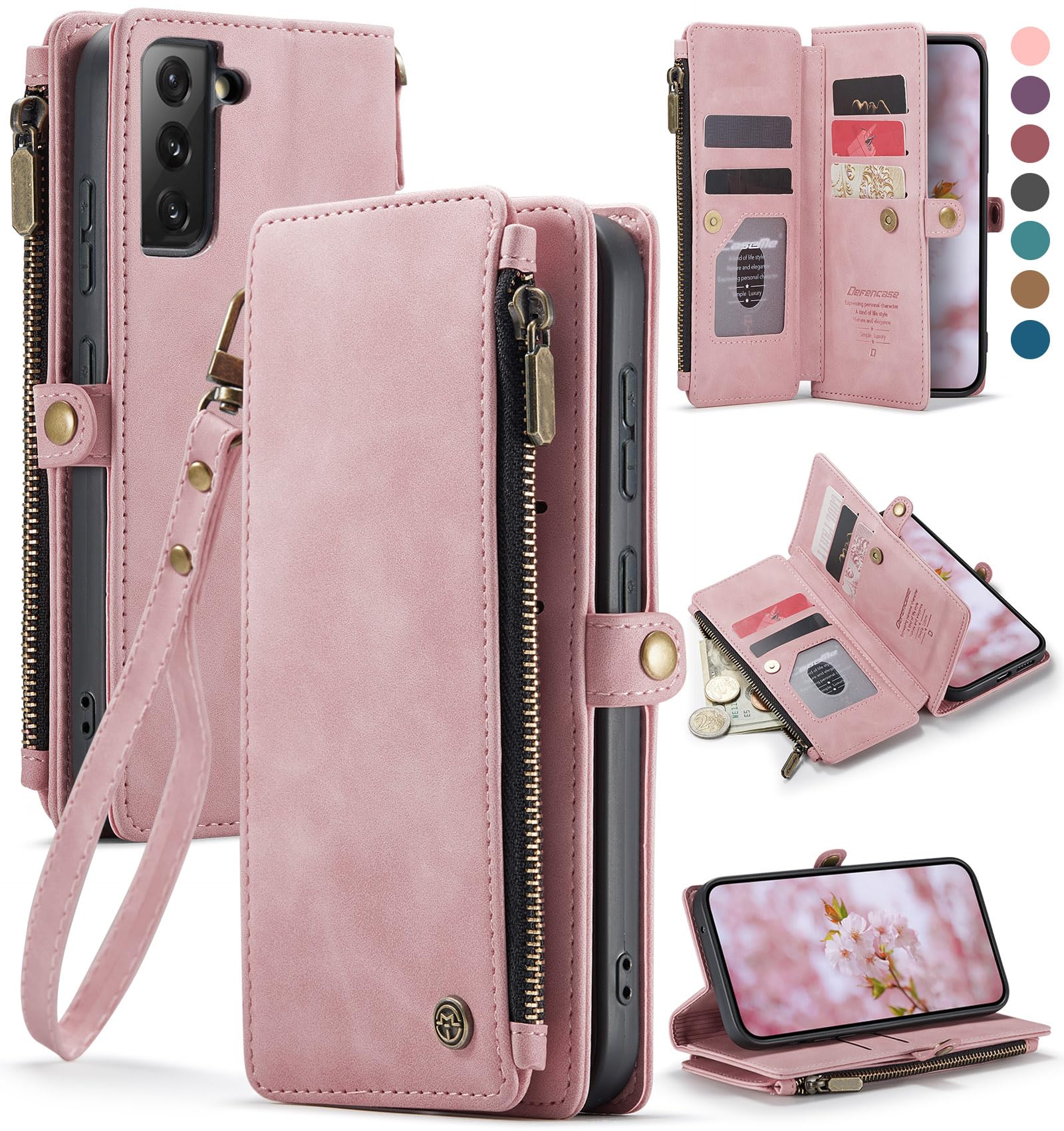 Photo 1 of Defencase Compatible with Samsung Galaxy S22 5G Case Wallet with RFID Blocking Card Holder for Women Men, PU Leather Magnetic Snap Flip Zipper Strap Wallet Phone Case Fit for Galaxy S22 5G 6.1", Pink