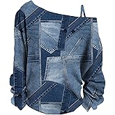 RoseSeek Women's Cold Off Shoulder Denim Print T Shirt Long Sleeve Loose Graphic Tee Tops
