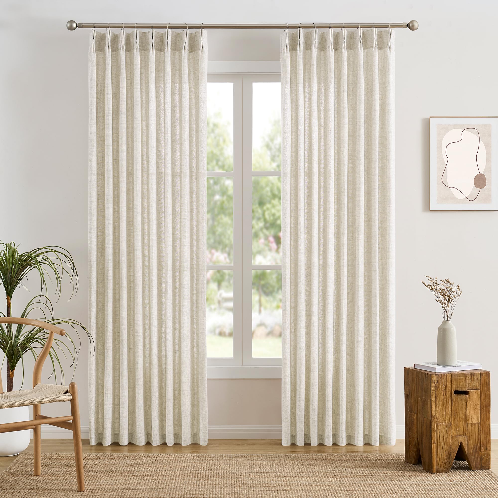 Photo 1 of 105 Inch Curtains Drapes Pinch Pleated Memory Trained Back Tab Light Filtering Semi Sheer Linen Textured Curtain for Bedroom Living Room with Hooks Window Panels 105 Inches Long 50 Inch Wide
