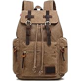 HuaChen Vintage Canvas Travel Backpack with Leather Trim, Laptop Padded Sleeve, Hidden Back Security Pocket, Fits 14-Inch, M32 Brown