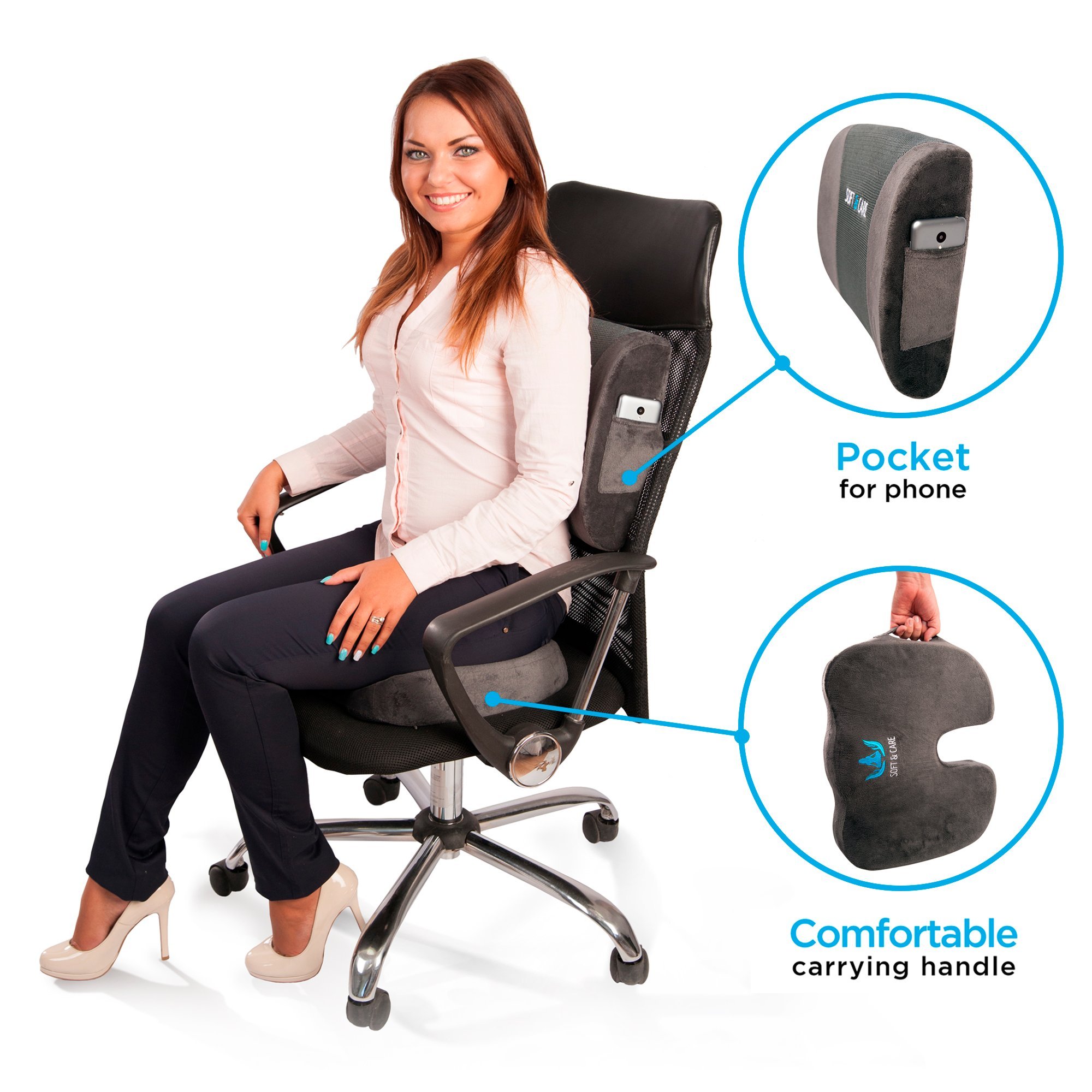 SoftCare Seat Cushion Coccyx Orthopedic Memory Foam and Lumbar Support