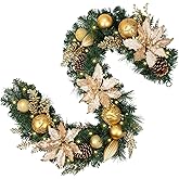 6 FT Christmas Gold Garland with Lights,Battery Operated Lighted Garland with Pine Cones Berries Glitter Branches, Poinsettias, LED Lights,Xmas Decor Mantle Fireplace Indoor Outdoor Home