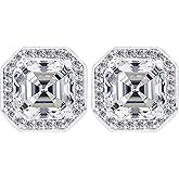 14K Solid Gold Post & Sterling Silver Asscher Cut Halo CZ Stud Earrings 0.80-4.00cttw Cubic Zirconia