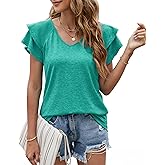 GZ-LAOPAITOU Ruffle Sleeve Tops for Women Cotton Short Sleeve Shirts V Neck Blouses Casual T Shirts
