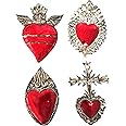 Mexican Hearts Milagros Charms Tin Painted Sacred Heart Ornaments Handmade in Mexico Metal Folk Art Wall Decoration (Set of 4) Large 5.5 inches Milagros Gris y Rojo Grandes