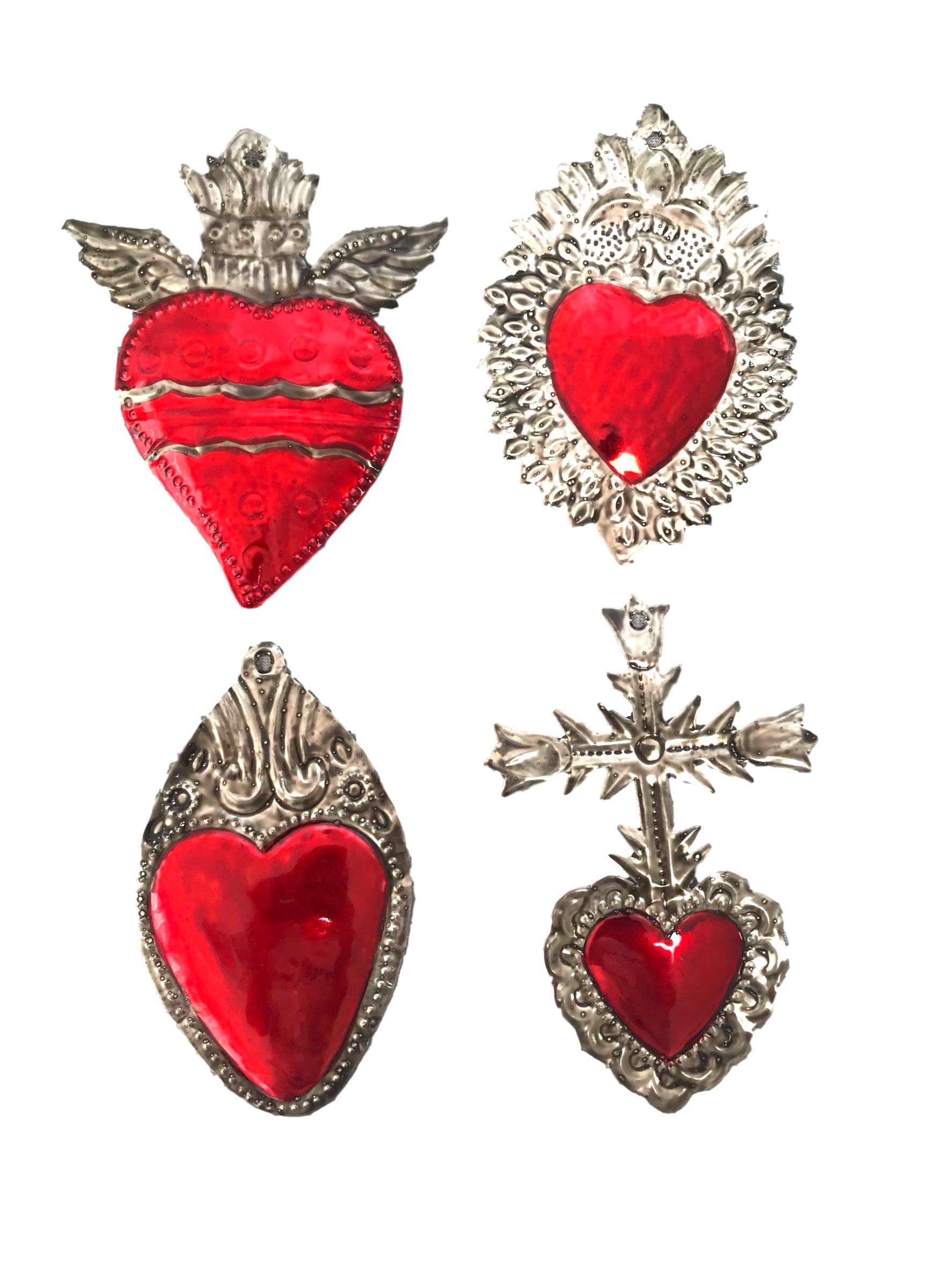Mexican Hearts Milagros Charms Tin Painted Sacred Heart Ornaments Handmade in Mexico Metal Folk Art Wall Decoration (Set of 4) Large 5.5 inches Milagros Gris y Rojo Grandes