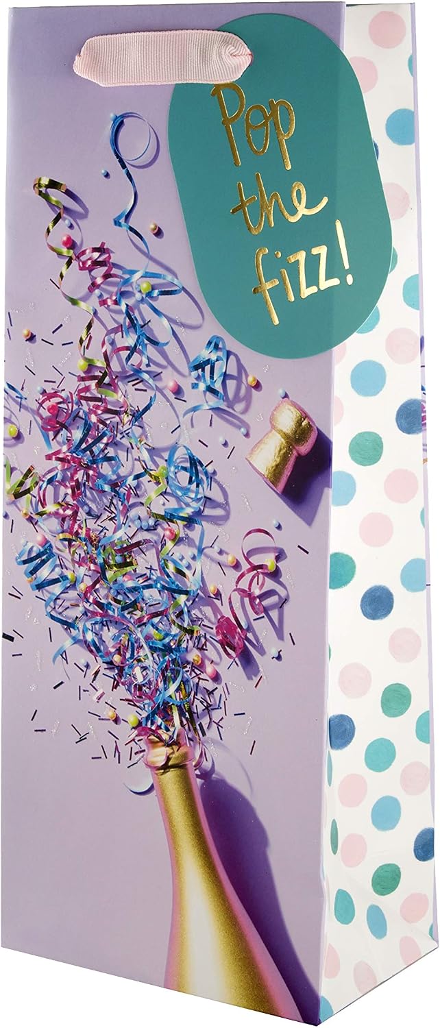 Hallmark Celebration Bottle Bag - 'Pop That Fizz!' Design, Pop the Fizz Gift Bag, 32.7cm by 13.3cm by 8.2cm