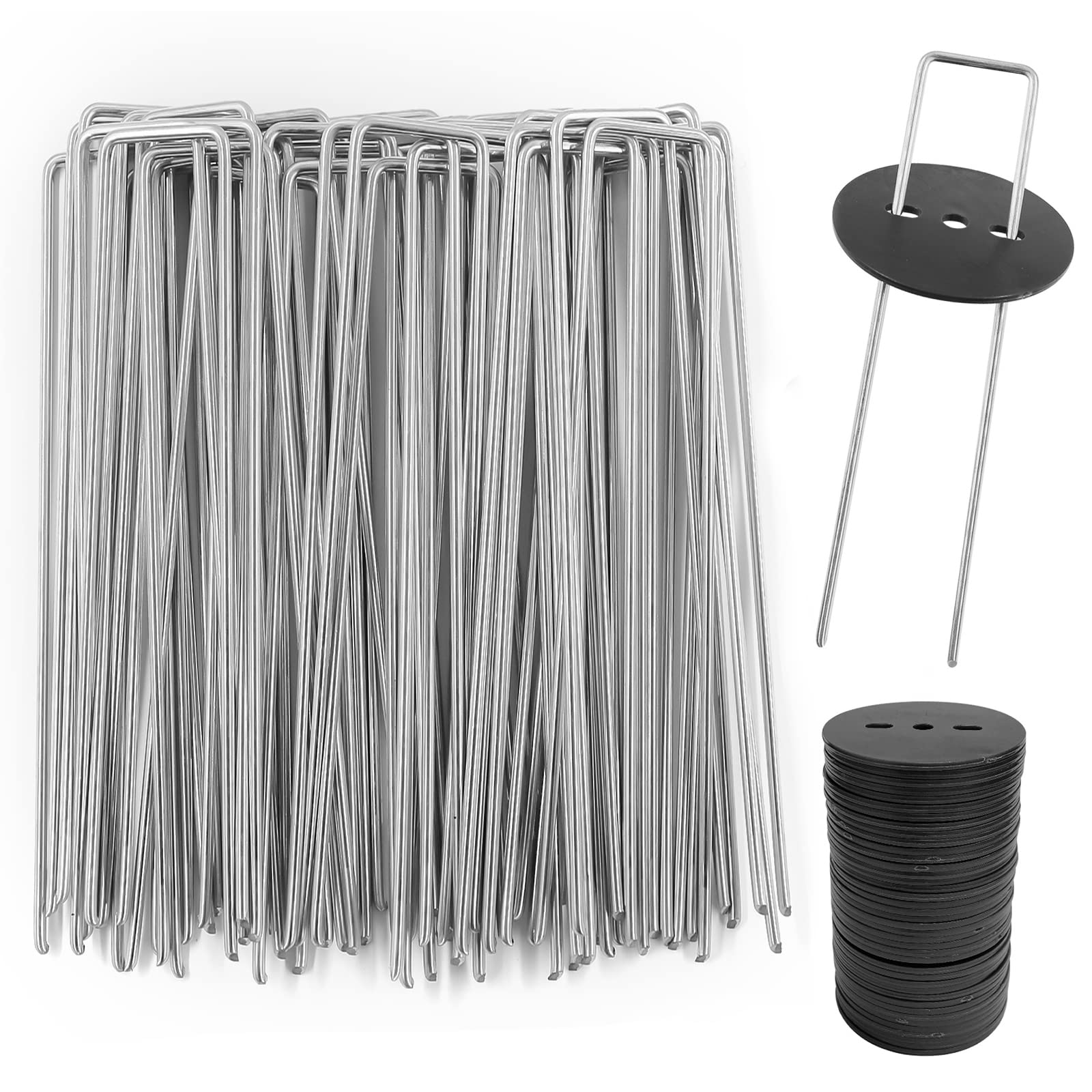 AGAKY Garden Pegs Metal, Galvanised Steel Membrane Peg, 50 Ground Pegs with 50 Washers, U-shaped Garden Pegs for Grass Control Fabric, Netting, Lawn, Groundsheet, Landscape, Fence 6"/150mm